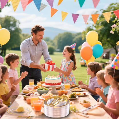 DaYammi 240Pcs Appetizer Plates Include 120Pcs Gold Dessert Plates 6.3inch with 120Pcs Gold Plastic Forks 5.7inch,Clear gold plates Disposable Salad Plate for Party Cake Plate for Wedding