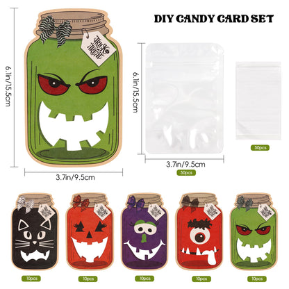 Giiffu 50-Pack Halloween Mason Jar Cards with 50 Clear Treat Bags – DIY Trick-or-Treat Goodie Bags for Kids, Classroom Halloween Party Favors & Gift Exchange
