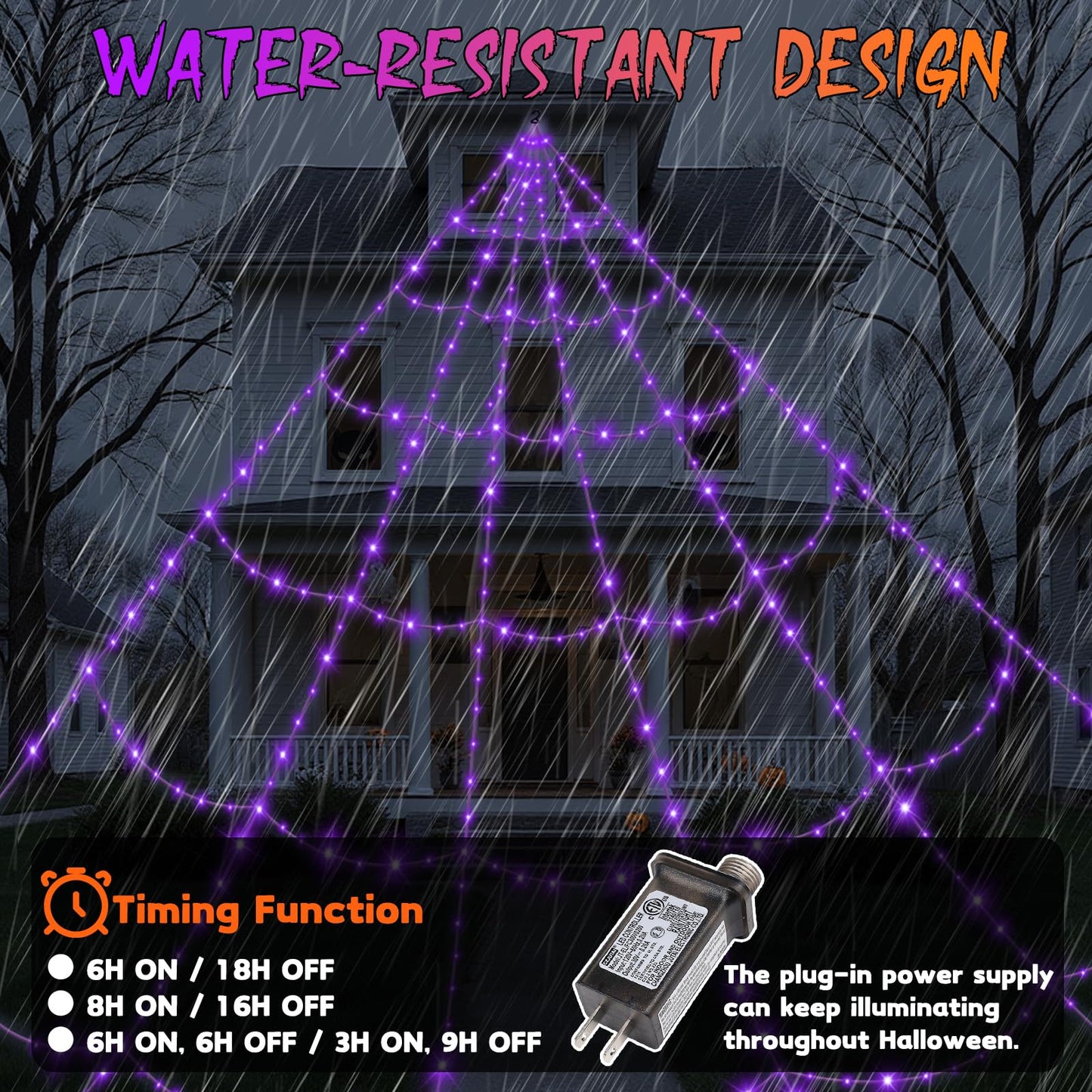 Halloween Decorations Outdoor Spider Web Lights - 550 LEDs Purple and Orange Remote Control Timer Plug in Giant Halloween Decor Cobwebs - 11 Modes Lighting Waterproof Yard Garden Party Decorations