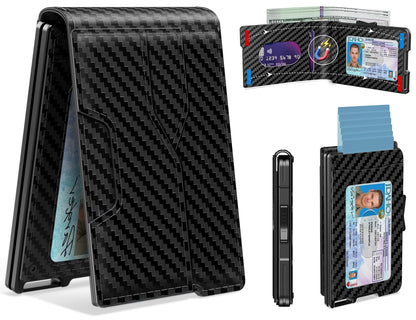 Kunlgro Wallet for Men - Pop Up Case, Cash Slot, and Credit Card Wallet - Slim Minimalist Aluminum Front Pocket Wallet with RFID Blocking/ID Window (Vertical Carbon Fiber)