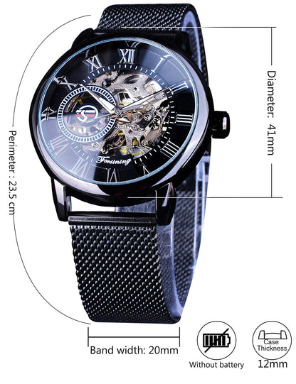FORSINING Black Mechanical Watch for Men Minimalist Retro Design Staempunk Mechanical Skeleton Wrist Watch Transparent Business Mesh Band Watch
