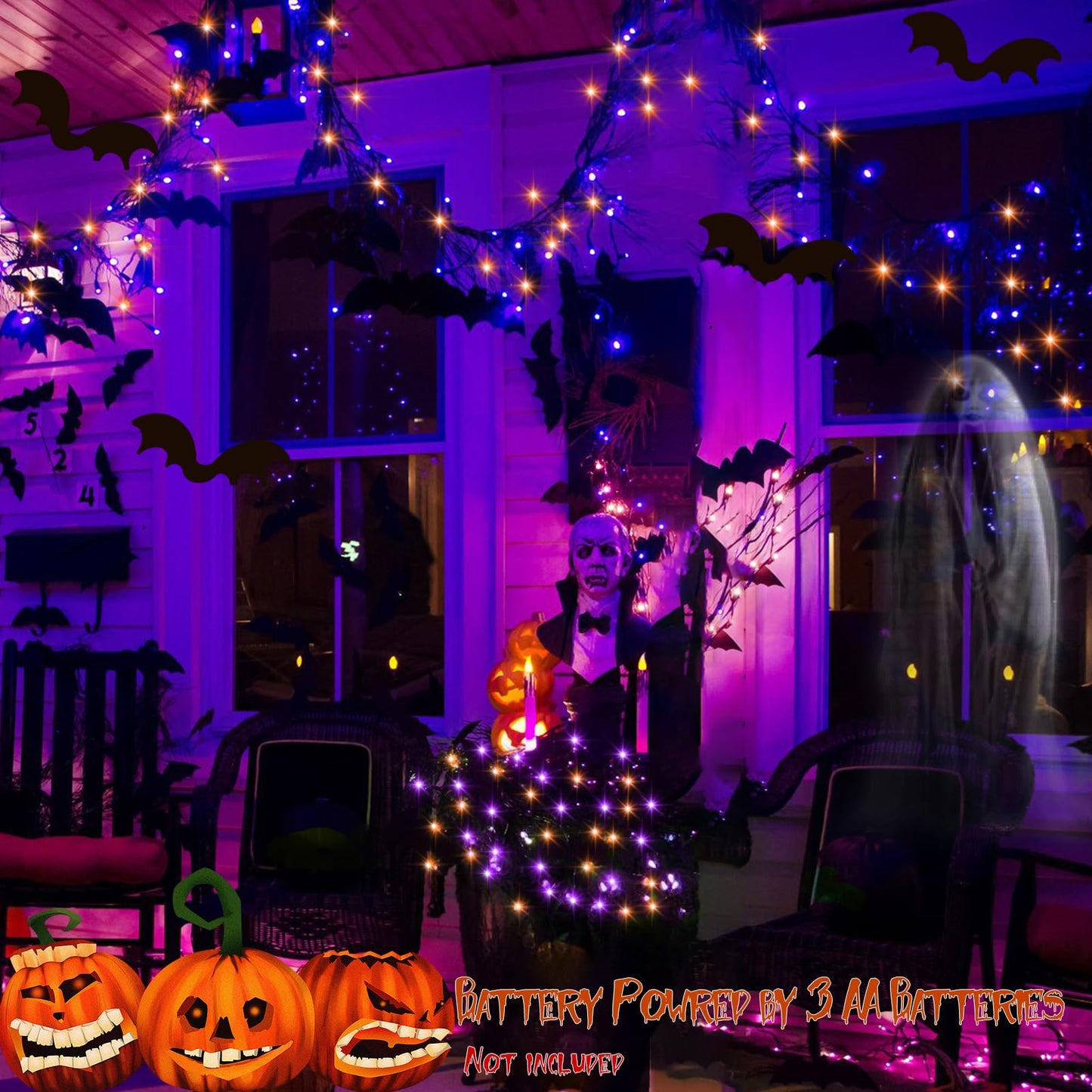 2 Pack Halloween Fairy Lights Battery Operated 200 LED 66Ft Silver Wire Starry String Lights Auto Timer 8 Modes Waterproof Mini String Lights for Outdoor Garden Yard, Fence Decor (Purple & Orange)