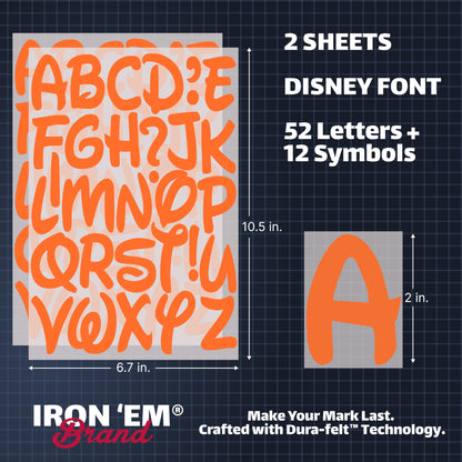 IRON 'EM Orange Iron On Letters for Fabric, Clothing, Custom Tshirt, DIY Craft for Kids, Adults, and Toddlers 2" Felt Letters for Fabric, Heat Transfer Letters. Disney Mickey Mouse Font. 2 Sheets