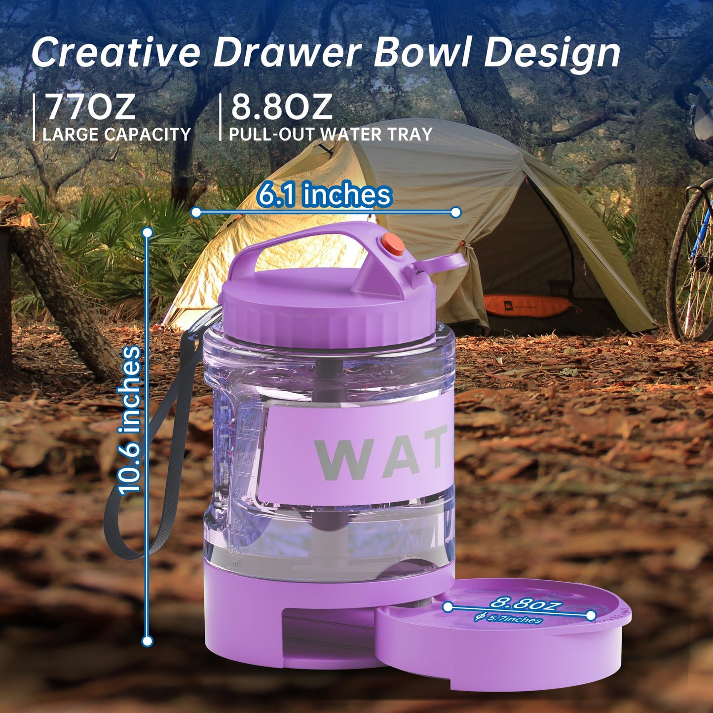 77oz Dog Water Bottle with Dispenser Bowl, 2200ml Capacity, Purple, Portable Pet Travel Bottle with Strap