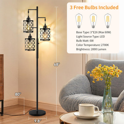 GHOOCEMLUX 68" Dimmable Floor Lamp, Farmhouse Standing Lamp with Elegant Metal Cage, Industrial Tall Tree Floor Lamps for Living Room, Bedroom, Study Room, Office (2000LM LED Bulbs Included) - Black