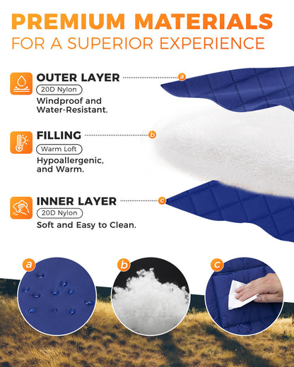 KingCamp Ultralight Camping Blanket, Packable Down Alternative Puffy Wearable Blankets Weatherproof Warm Package Quilt with Snap Buttons for Outdoor Hiking Travel Picnic Stadium (69" L x 53" W, Navy)