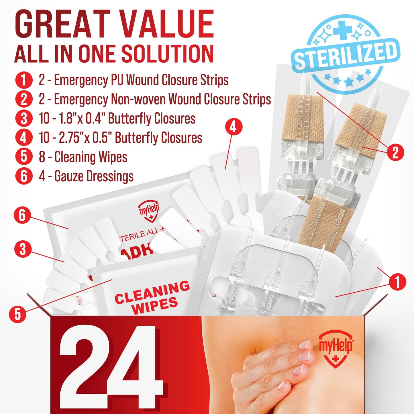 Emergency Wound Closure Strips - 24pk - 3 Types Easy to Use Butterfly Bandages - Stitchless & Painless Laceration Closure Kit