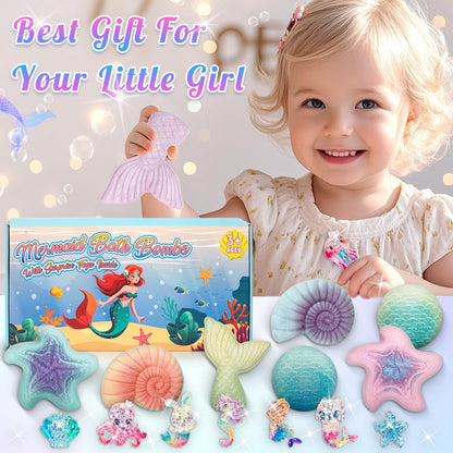 8 Packs Bath Bombs for Kids Girls, Mermaid Bath Bomb with Surprise Toys Inside, Princess Bubble Bath Toys for Kids Aged 4-8, Christmas Birthday Gifts for Girls 3 4 5 6 7 8