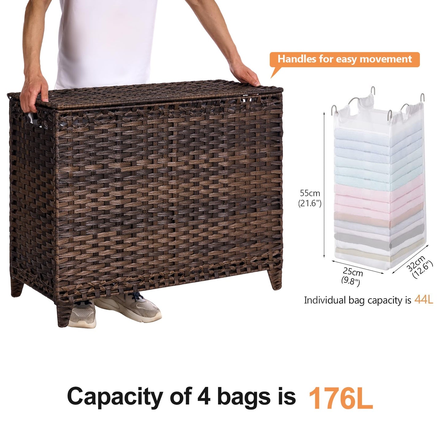 Laundry Hamper with 4 Removable Liner Bags; 176L Handwoven Rattan Laundry Basket with Lid & Heightened Feet; Clothes Hamper with Side Handles (Brown)