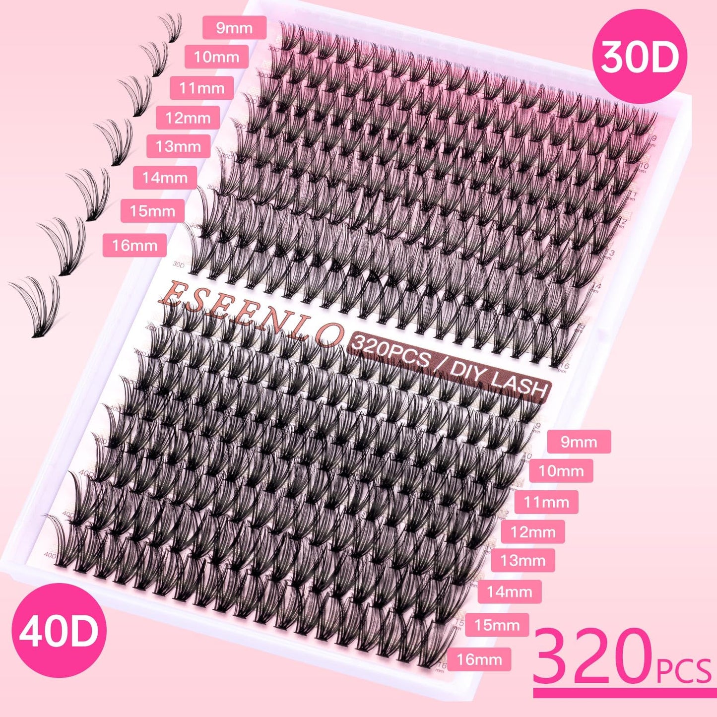 ESEENLO Lash Extension Kit, 320pcs DIY Eyelash Extension Kit 9-16mm Mix, 30D 40D Curl Individual Lash Clusters with Bond, Seal, Remover and Tweezers