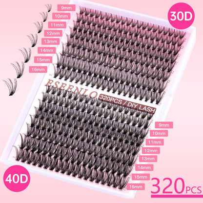 ESEENLO Lash Extension Kit, 320pcs DIY Eyelash Extension Kit 9-16mm Mix, 30D 40D Curl Individual Lash Clusters with Bond, Seal, Remover and Tweezers