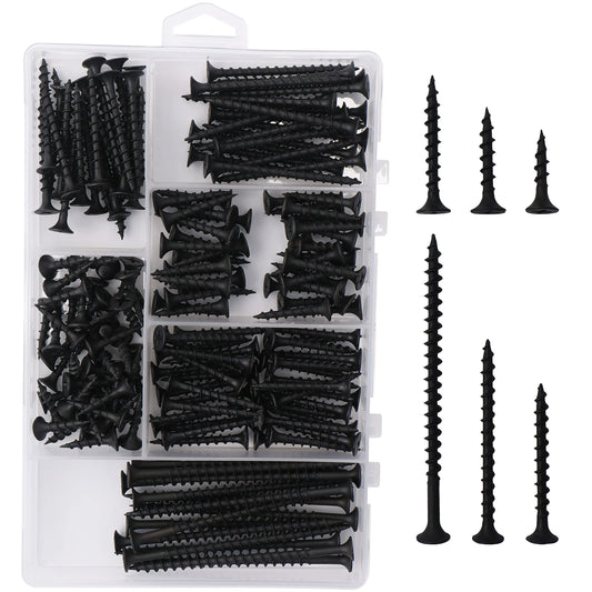 JEGONFRI High Hardness Drywall Screws Assortment Kit, 166 pcs, Coarse Thread, Phillips Drive, Black Wood Screws, Screws Assortment, Screws Set, 6 Sizes (3”,2”,1-1/2”,1-1/4”,1”,3/4”)