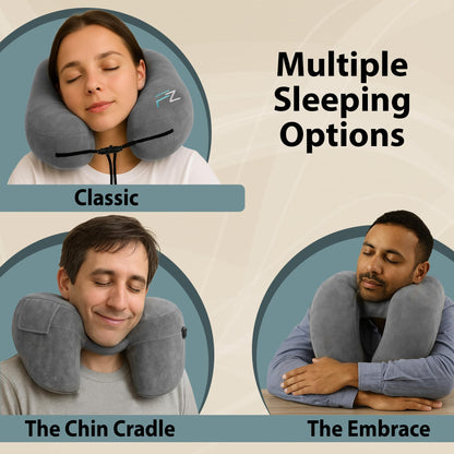 FLOWZOOM Air Inflatable Neck Pillow for Traveling on Plane - H-Shape Hooded Travel Pillow with 5 Snooze Modes, Fast Inflation, Pressure Control, Cozy Clip-On Hood & Plushy Cover - Size L, Silver Gray