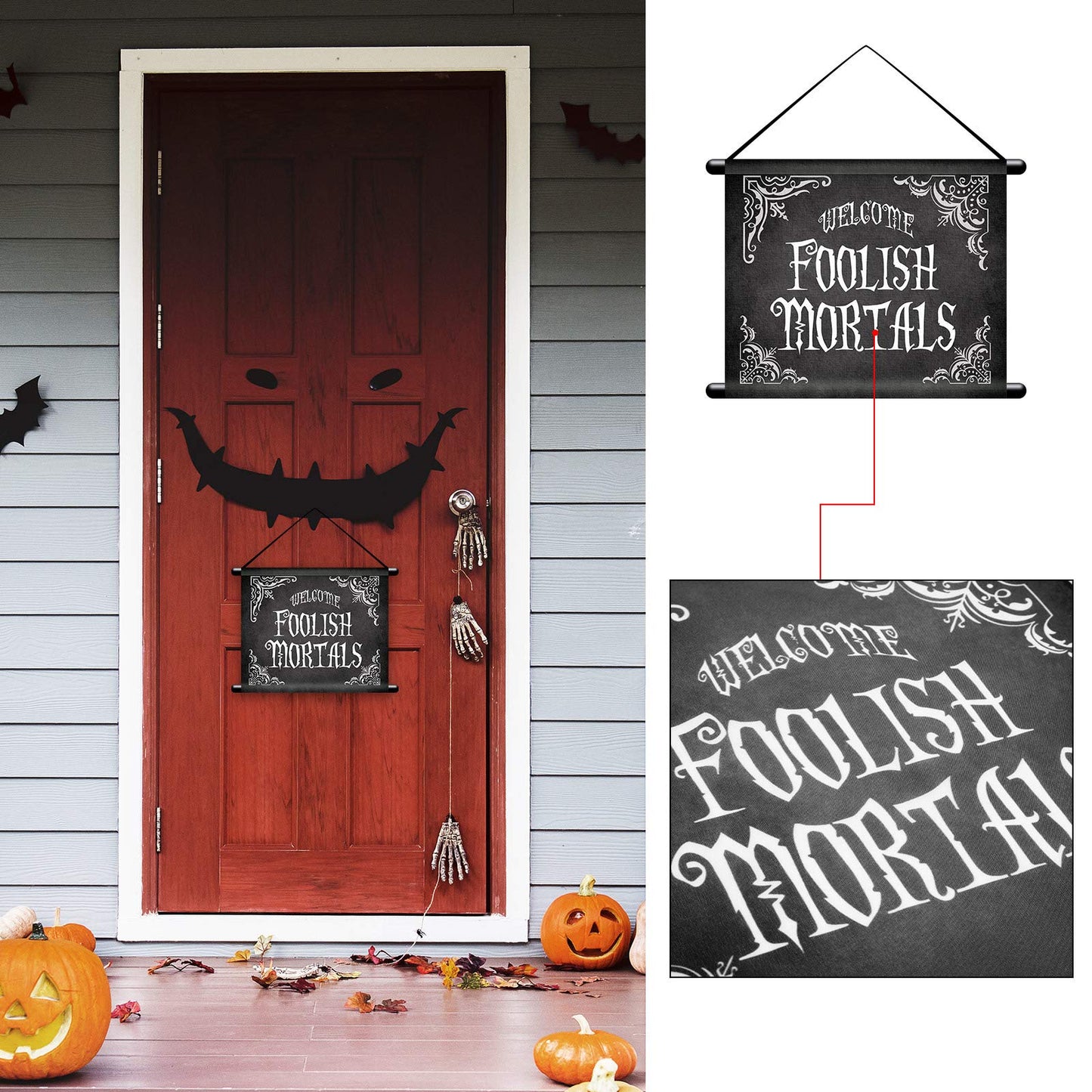 2 Pieces Halloween Gothic Mansion Banners Halloween Skull Hanging Banners with Welcome Foolish Mortals Porch Sign Spooky Pillar Sign Decorations for Outdoor Party Supplies