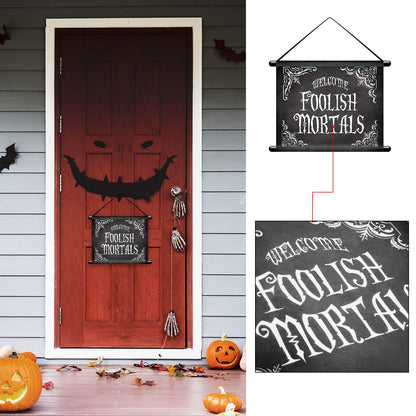 2 Pieces Halloween Gothic Mansion Banners Halloween Skull Hanging Banners with Welcome Foolish Mortals Porch Sign Spooky Pillar Sign Decorations for Outdoor Party Supplies