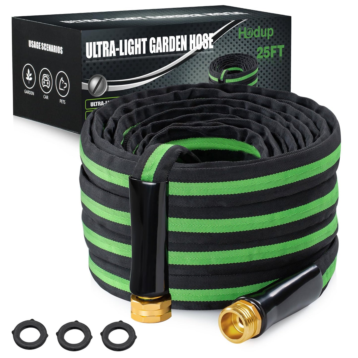 HODUP 25 ft Garden Hose - Lightweight, Super Flexible, Non-Expanding, Kink-Free, Ideal for Yard Outdoor Use with Convenient Storage (Black-Green, 25 FT)