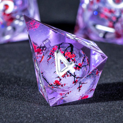 KERWELLSI Liquid Core Flower DND Dice Set with Box, 7Pcs Resin Plum Blossom Resin Sharp Edge Polyhedral Dice, Purple Role Playing Dice D20 D12 D10 D8 D6 D4