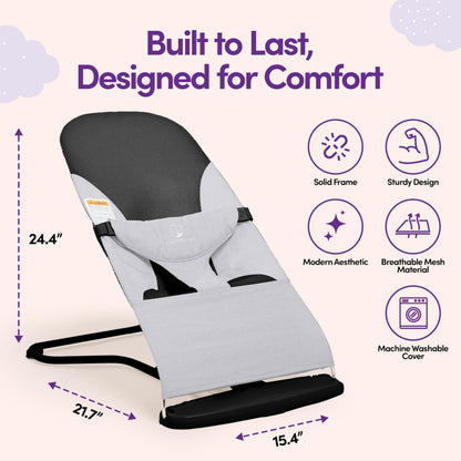 ComfyBumpy Ergonomic Baby Bouncer Seat - Bonus Travel Carry Case - Safe, Portable Bouncing Chair with Adjustable Height Positions - Infant Bouncy Seat Perfect for Newborn Babies (Grey)