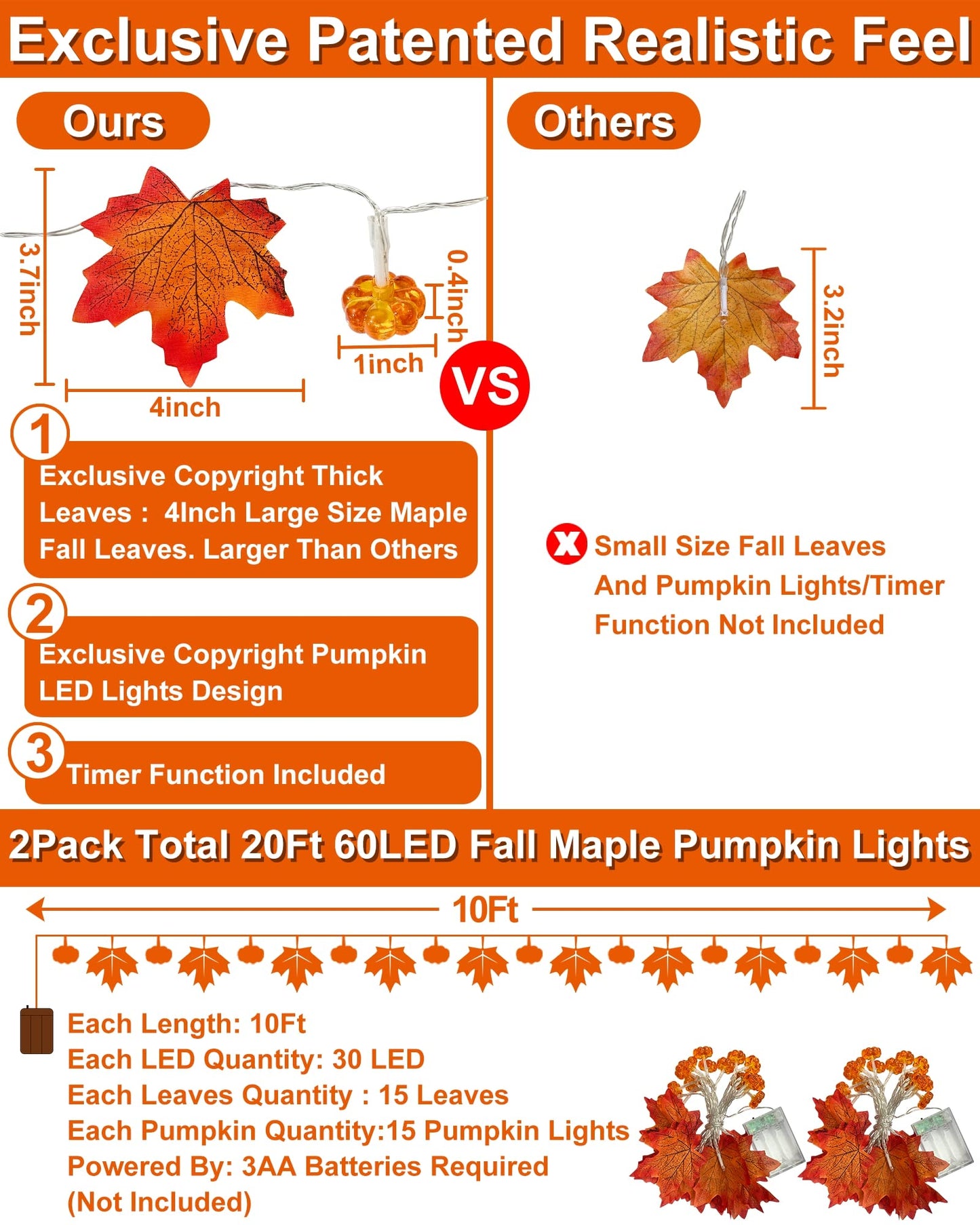 2 Pack & Timer - Fall Garland with Pumpkin Lights Halloween Fall Decor for Home 60LED 20Ft Enlarged Maples Leaves Halloween Garland Lights Indoor Battery Operated Thanksgiving Decor Wedding Christmas