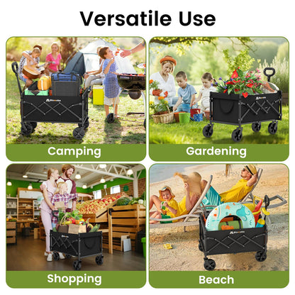 Collapsible Wagon with Wheels, 220 lbs Wagons Carts Foldable Wagon Cart with Flexible Handle, Lightweight Portable Folding Utility Grocery Shopping Cart for Grocery Sports Garden Camping