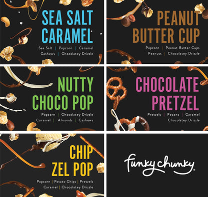 Funky Chunky | Gourmet Chocolate Popcorn Gift Box | Caramel, Nutty Choco Pop, PB Cup, Chip Zel Pop, Choc Prezel Flavors | 5oz Bags (5) Gift Box