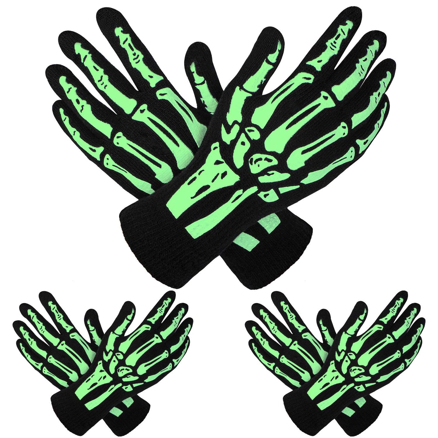 Cooraby 3 Pairs Glow in the Dark Full Finger Skeleton Gloves Halloween Skull Bone Gloves
