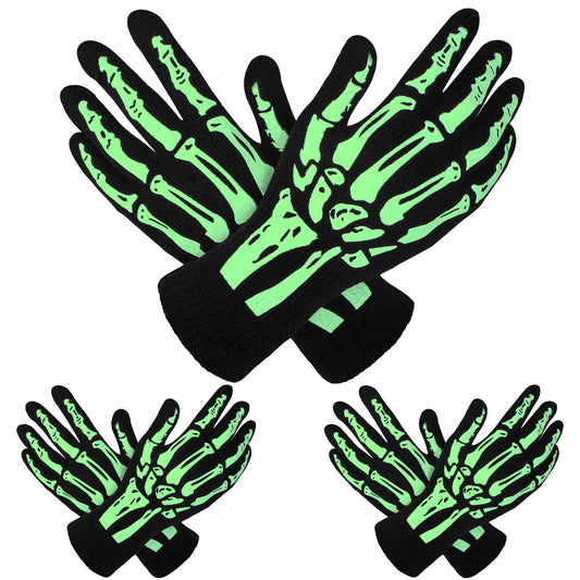 Cooraby 3 Pairs Glow in the Dark Full Finger Skeleton Gloves Halloween Skull Bone Gloves