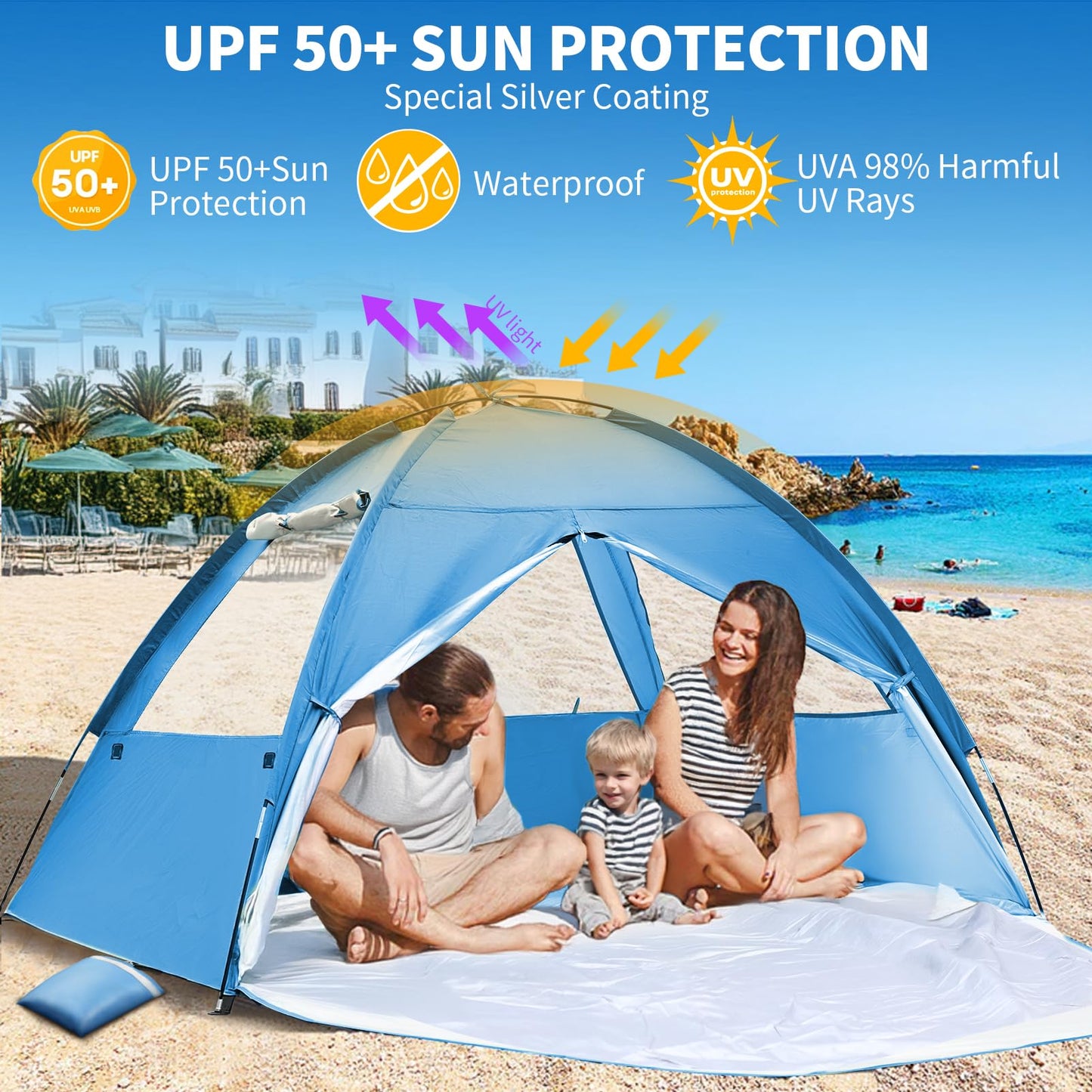 COVACURE Beach Tent Sun Shelter for 3-4 Person - UPF 50+ UV Protection Beach Shade, Waterproof & Lightweight, Easy Setup Portable Sun Canopy for Camping, Fishing, Beach