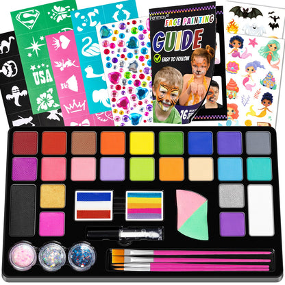 Fenmay Face Painting Kit for Kids, 24 Colors Washable Face Paint, Safe for Sensitive Skin, Non-Toxic Professional Face Painting Kit, Halloween Birthdays Makeup Set with Stencils, Guide Book
