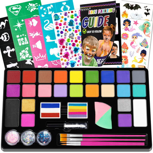 Fenmay Face Painting Kit for Kids, 24 Colors Washable Face Paint, Safe for Sensitive Skin, Non-Toxic Professional Face Painting Kit, Halloween Birthdays Makeup Set with Stencils, Guide Book