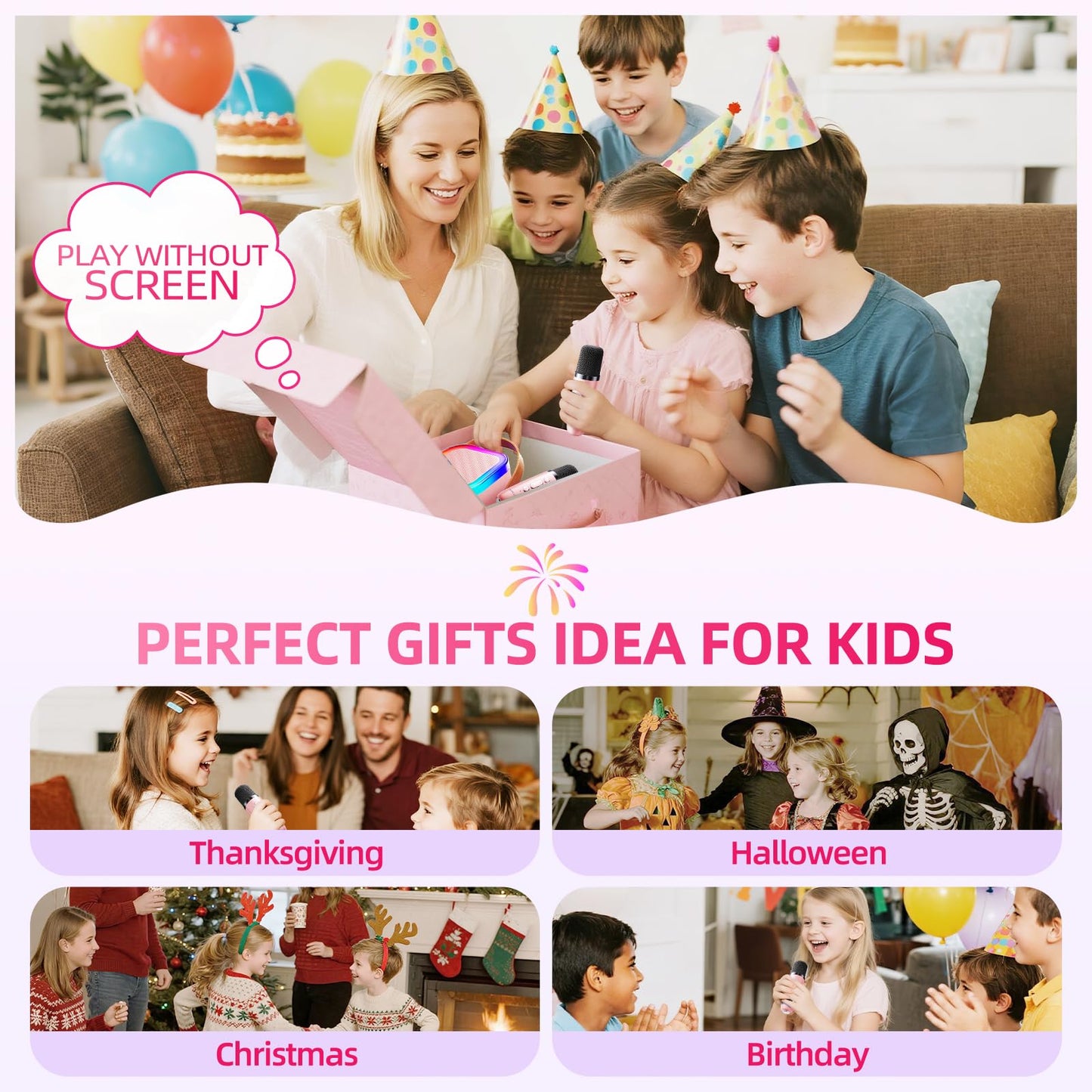 Kinglucky Mini Karaoke Machine for Kids, 2025 TOP Birthday Gifts Ideas for 3-12 Year Old Girls, Christmas Party Gifts Kids' Personal Video Players Accessories with 2 Wireless Microphones - Pink