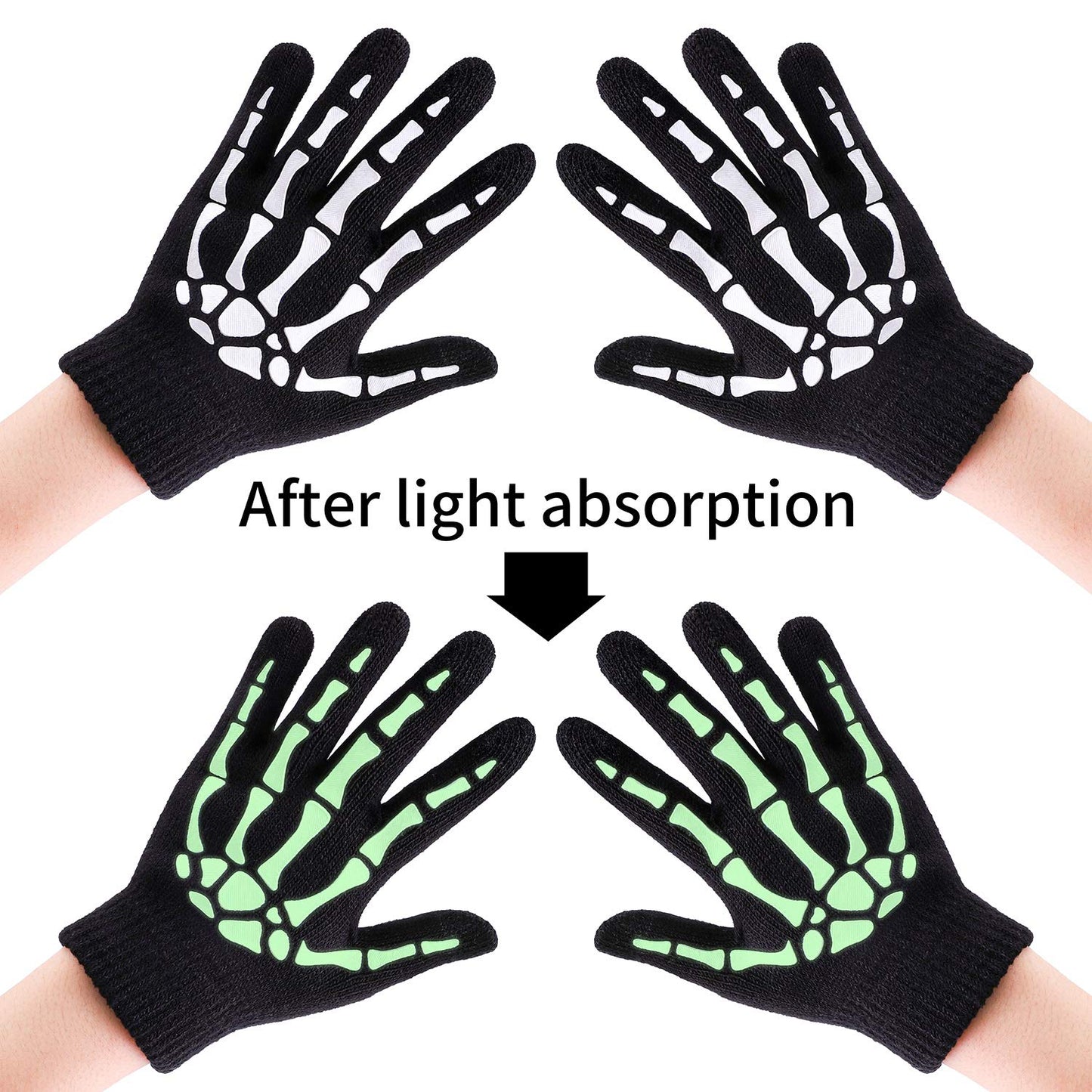 Cooraby 3 Pairs Kids Skeleton Touchscreen Gloves Halloween Glow in The Dark Full Finger Skull Bone Gloves