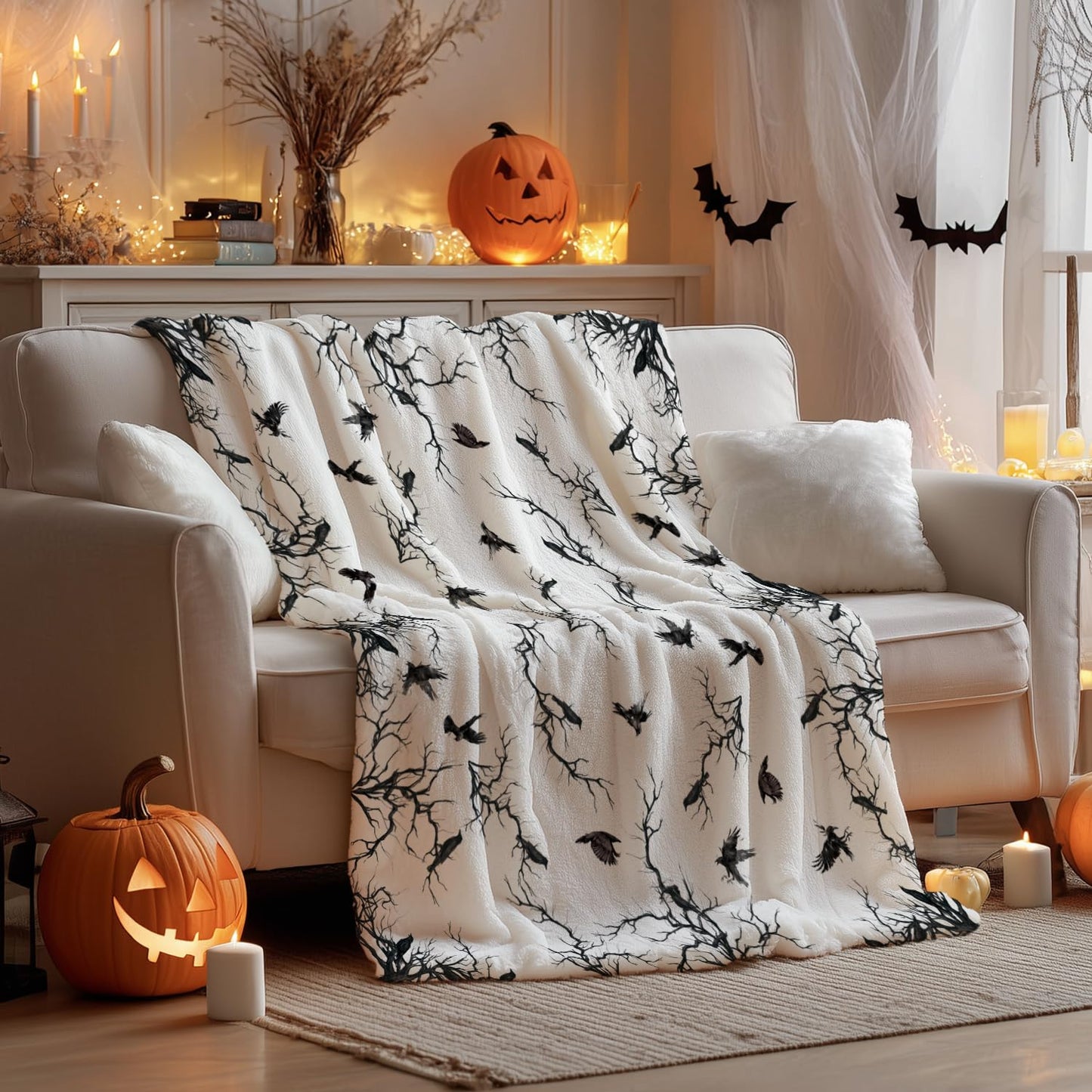 Horaldaily Halloween Flannel Blanket Throw, Crow Tree Soft Fuzzy Plush Cozy Fleece Blankets for Couch Sofa Bed Lounging, Ideal Gifts for Kids Adults Wife Self, 50x60