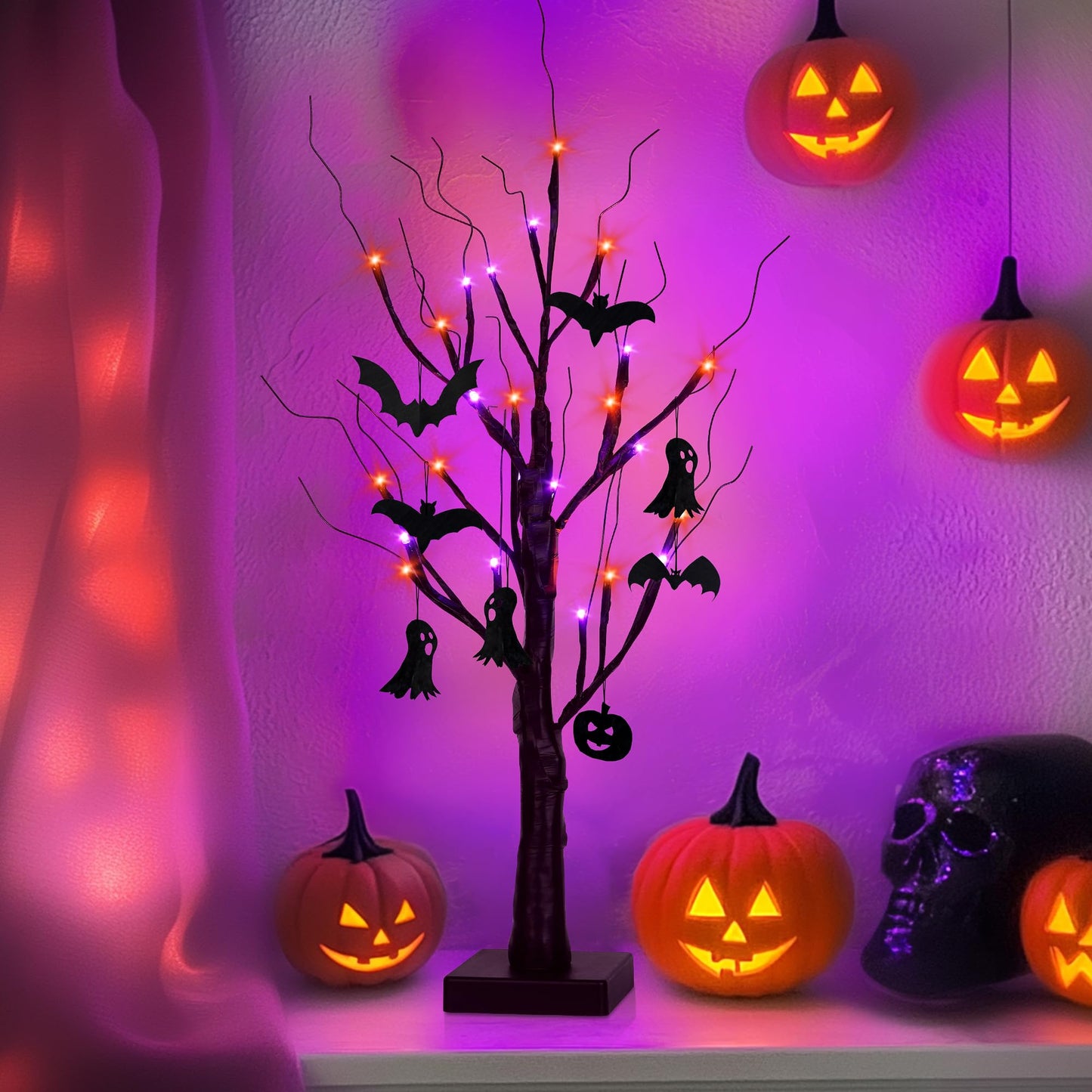 encavy Halloween Decorations Indoor,2 Pack 2FT Birch Tree with 24 Orange and Purple LED Lights,Black Spooky Halloween Tree for Holiday Party,Tabletop Decor for Home,Office,Christmas,Fireplace,Mantle