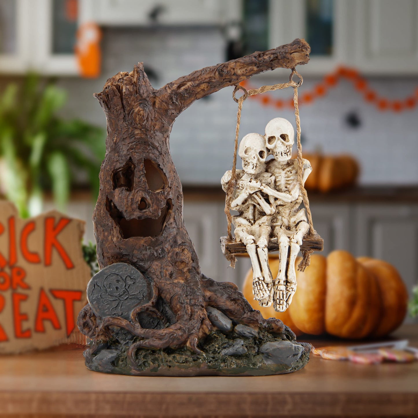 Halloween Skull Statue with Spooky LED Light for Holiday Decorations, Halloween Decor with Romantic Skeleton Couple on Swing Tombstone Tree, Grinning Skull Decor Props Haunted Collectible Gift