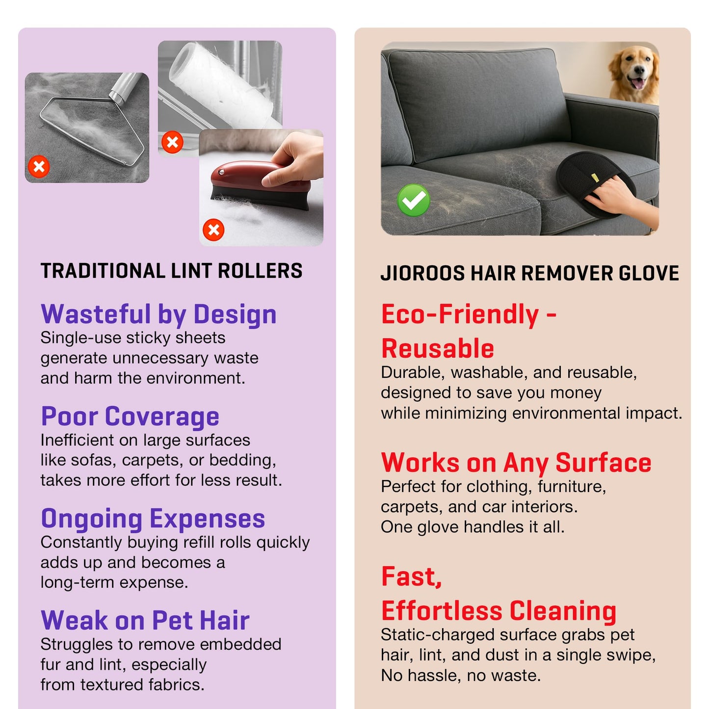 Jioroos Pet Hair Remover Gloves for Cats & Dogs, Electrostatic Pet Hair Removal Gloves Brush for Pets Hair, Upgraded Animal Fur Removal Tool, Reusable Cats & Dogs Grooming Gloves for Hair Removal (1)