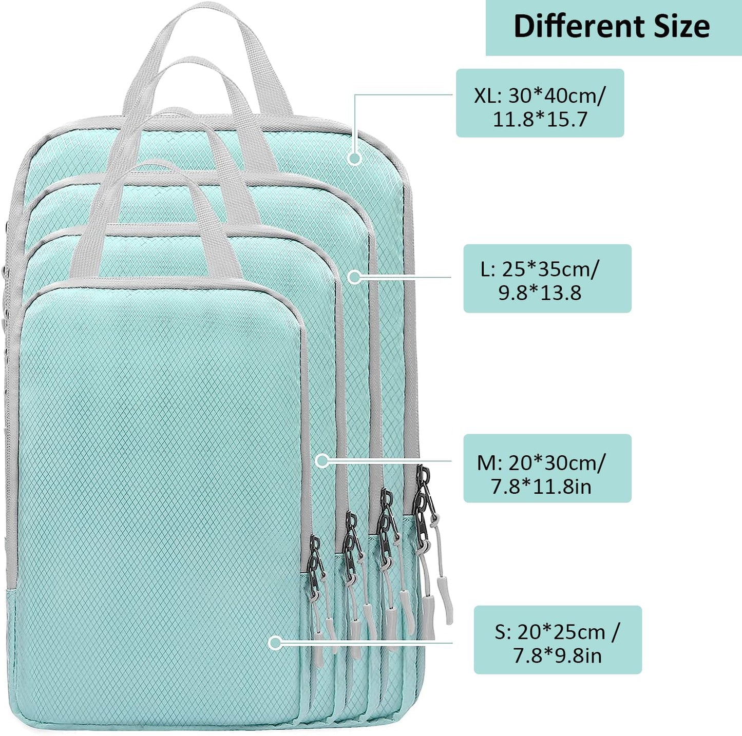 Compression Packing Cubes for Travel, 4pcs Travel Packing Cubes Organisers for Travel Accessories compression bags Packing Organisers Expandable Storage forl Luggage Suitcases-Skyblue