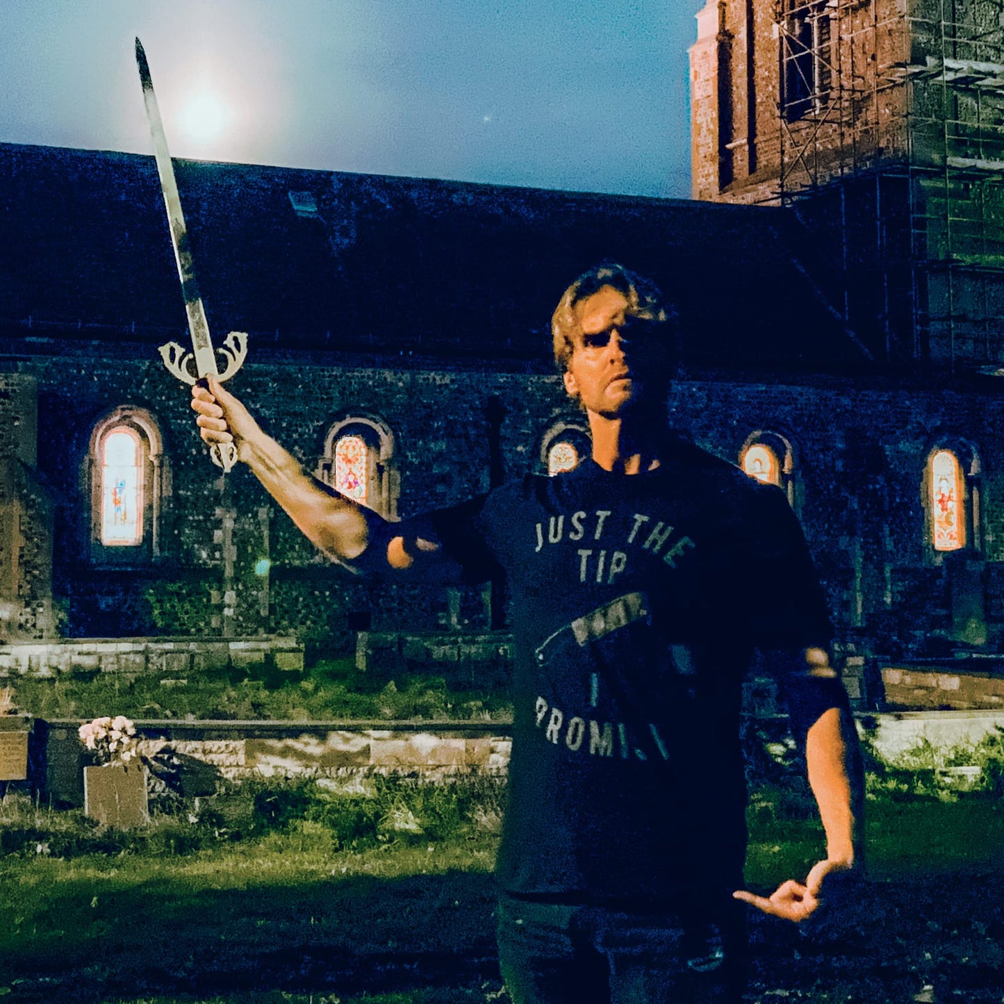 Crazy Dog Men's Halloween T Shirt Just The Tip I Promise Pun Themed Graphic Novelty Knife Tee Funny Innuendo Pun Shirt for Guys Crazy Halloween Tee (Heather Black) - XL