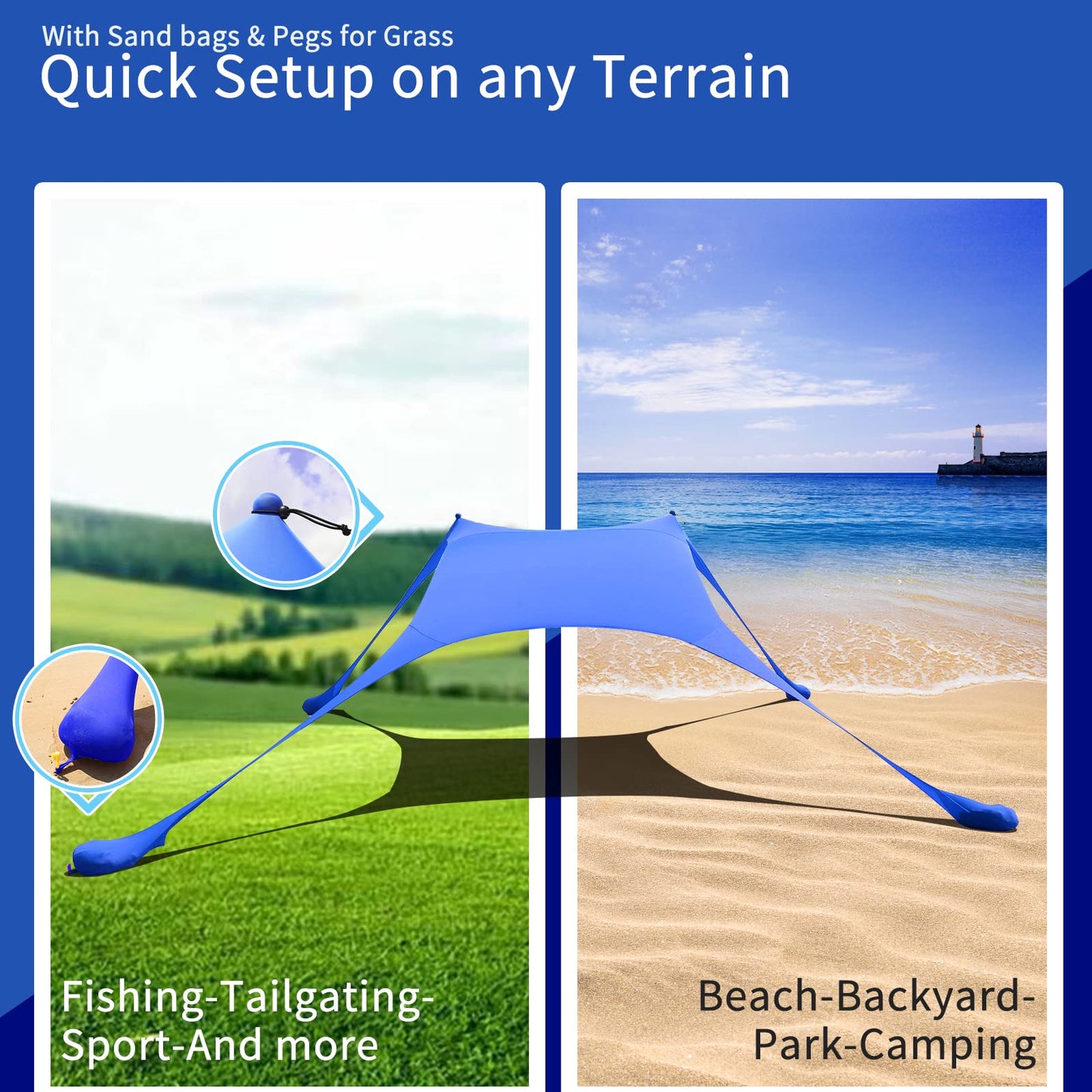 CUUPO 77 FT Beach Tent Sun Shelter UPF50+ UV Protection, Outdoor Canopy Tent Sun Shade with 2 Poles for Camping, Fishing, Backyard and Picnics with Sandproof Beach Blanket Royal Blue