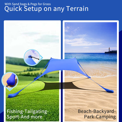 CUUPO 77 FT Beach Tent Sun Shelter UPF50+ UV Protection, Outdoor Canopy Tent Sun Shade with 2 Poles for Camping, Fishing, Backyard and Picnics with Sandproof Beach Blanket Royal Blue