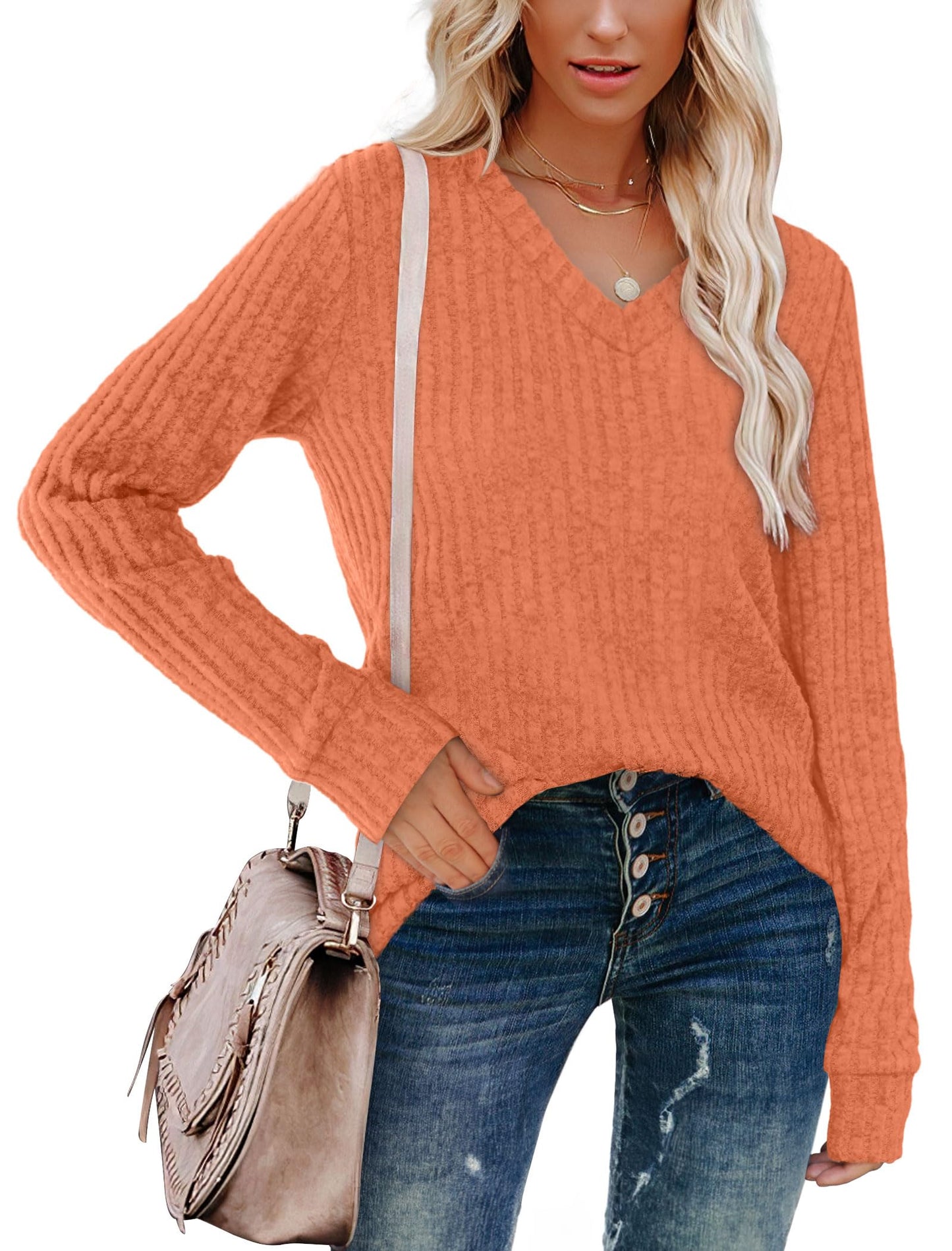 Halloween Sweaters for Women Trendy 2025 V Neck Long Sleeve Thanksgiving Shirts Casual Fall Fashion Tops Pumpkin L