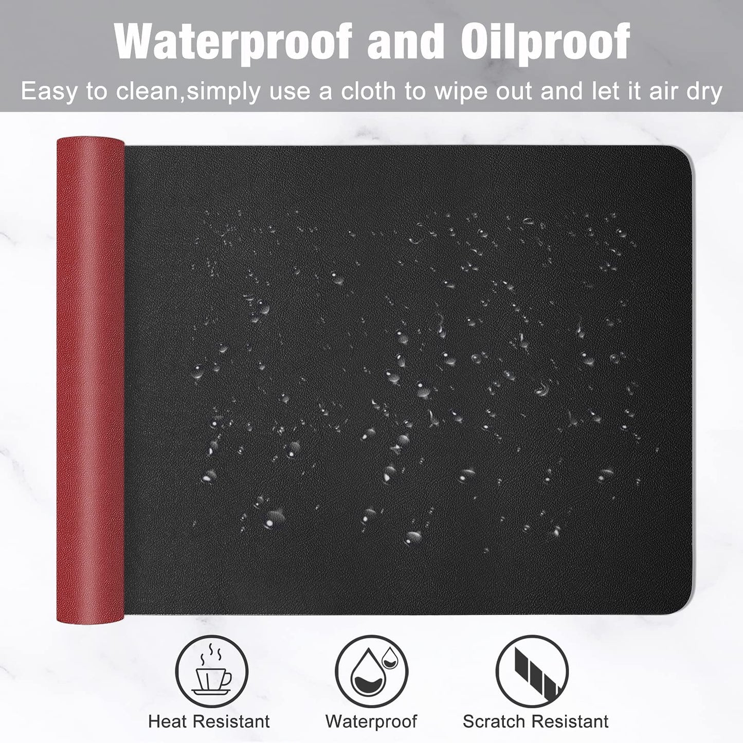 Hsurbtra Desk Pad, 31.5" x 15.7" Dual Side PU Leather Desk Mat, Waterproof Non-Slip Desktop Blotter Protector, Large Mouse Pad for Laptop Keyboard Office Home, Black and Red