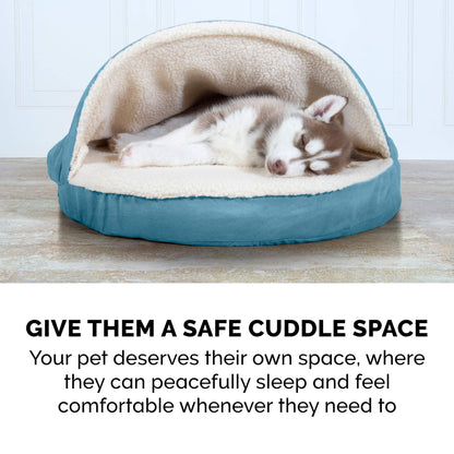 FurHaven Pet Dog Bed | Cooling Gel Memory Foam Orthopedic Round Faux Sheepskin Snuggery Pet Bed for Dogs & Cats, Blue, 26-Inch