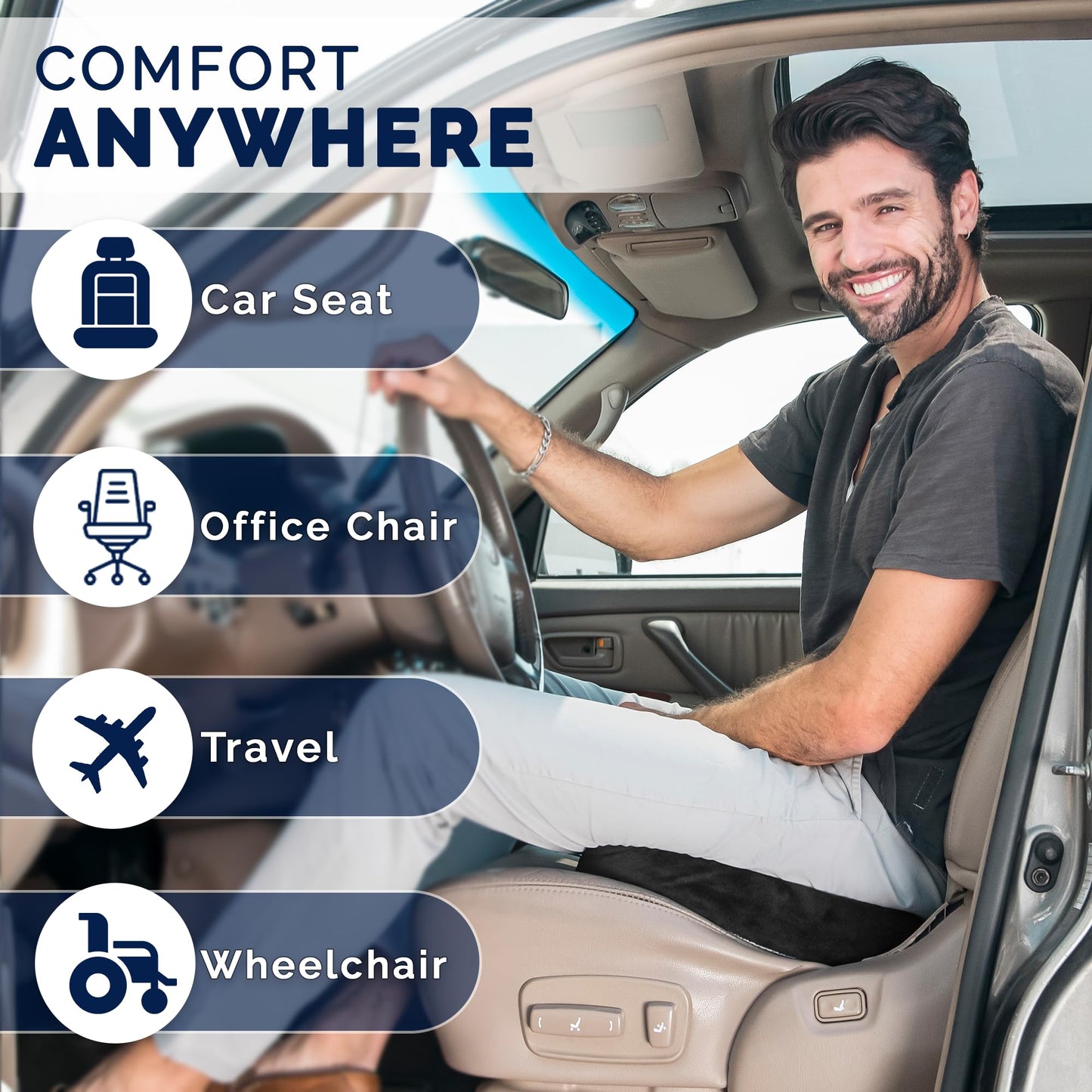 ComfiLife Car Seat Cushion–Premium Wedge 100% Polyurethane Foam Car Cushions for Driving–Auto Seat Cushion–Back & Sciatica Pain Relief for Long Drives–Comfort for Car Driver,Office, Truck Seat (Black)