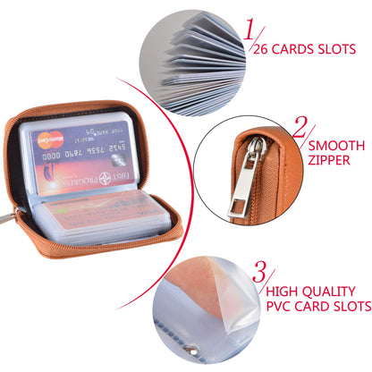 Easyoulife Genuine Leather Credit Card Holder Zipper Wallet With 26 Card Slots (Brown)