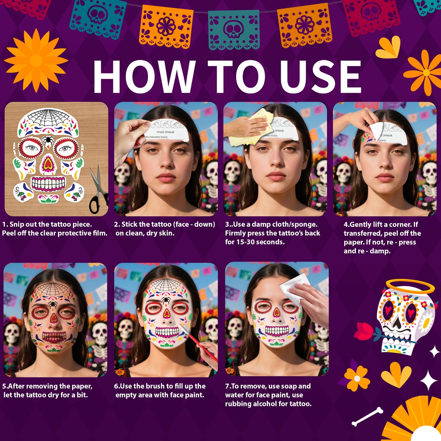 18 Pack Day of the Dead Face Tattoos, Sugar Skull Catrina Makeup Kit, Halloween Mask Temporary Tattoo Stickers, Skeleton Paint Dia de los Muertos Decorations, Accessories, Favors & Costumes