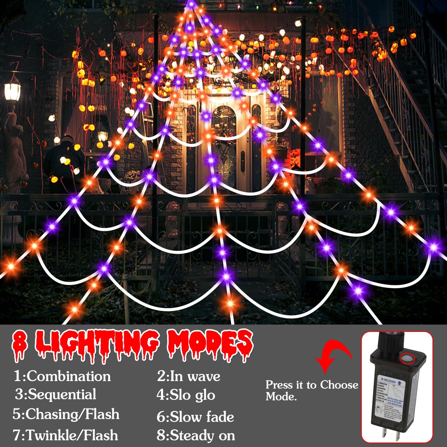 Halloween Decorations Outdoor Spiders Web Lights: 150 Purple & Orange LED Light Decor, 17.4Ft Giant Spiderweb with 8 Lighting Modes Waterproof & Timer, Yard Spider Web Decoration