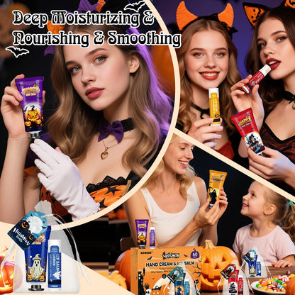 60 Pack Halloween Hand Cream and Lip Balm Set for Women, Bulk Hand Lotion for Halloween Gifts, Halloween Party Favors, Party Supplies, Decorations, Goodie Bags with Halloween Card and Organza Bags