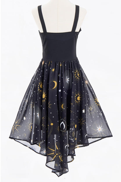 FEAPHY Women's Vintage Chiffon Sun Moon Star Sleeveless A-Line High Low Dress (0-Galaxy-Black, M)