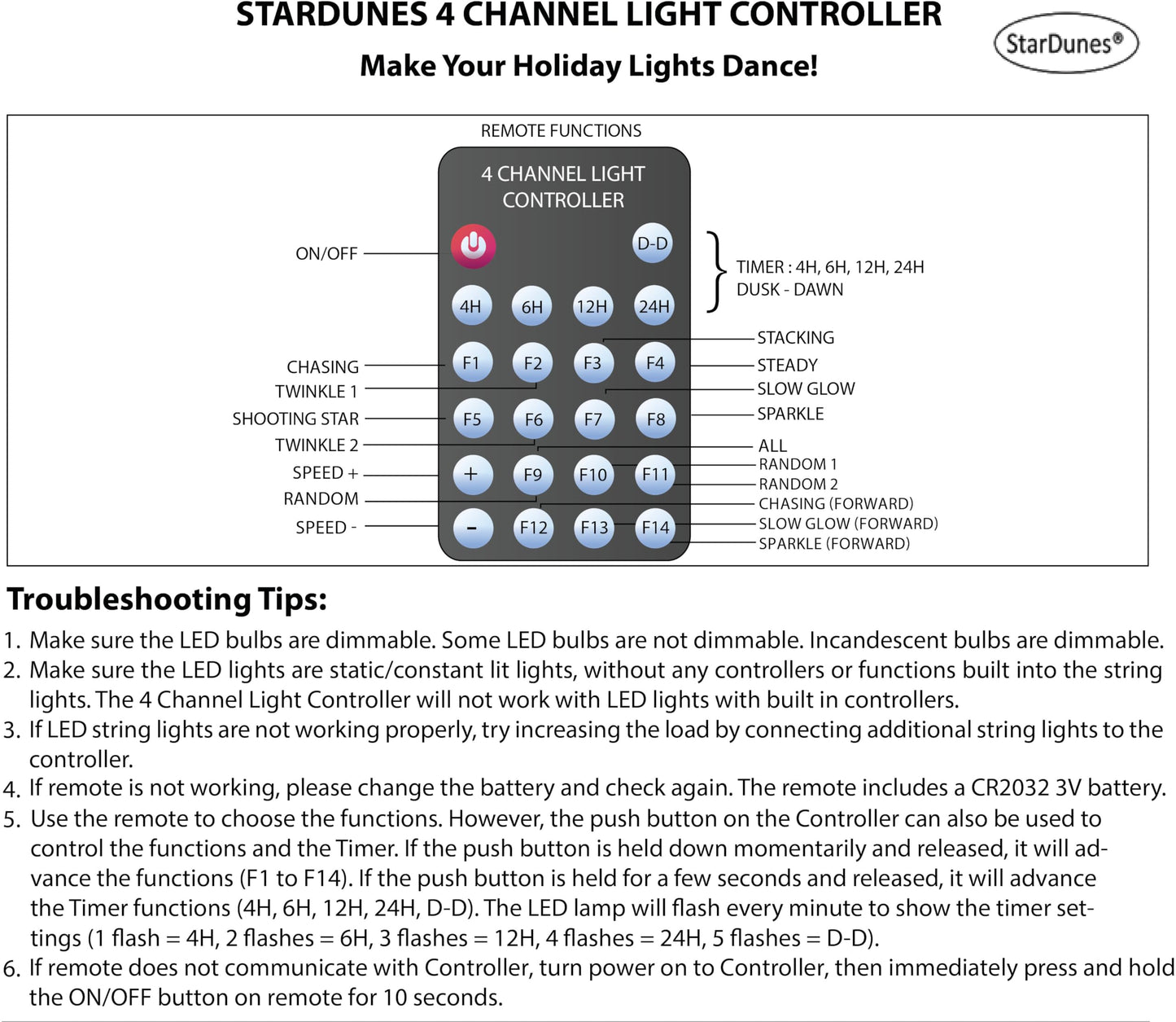 4 Channel Light Controller for Holiday Lights, Christmas Lights, Outdoor Decorations. Create Dazzling Light Displays with Multiple Functions, Chasing, Twinkle, Shooting Star, Stacking, Sparkle etc.